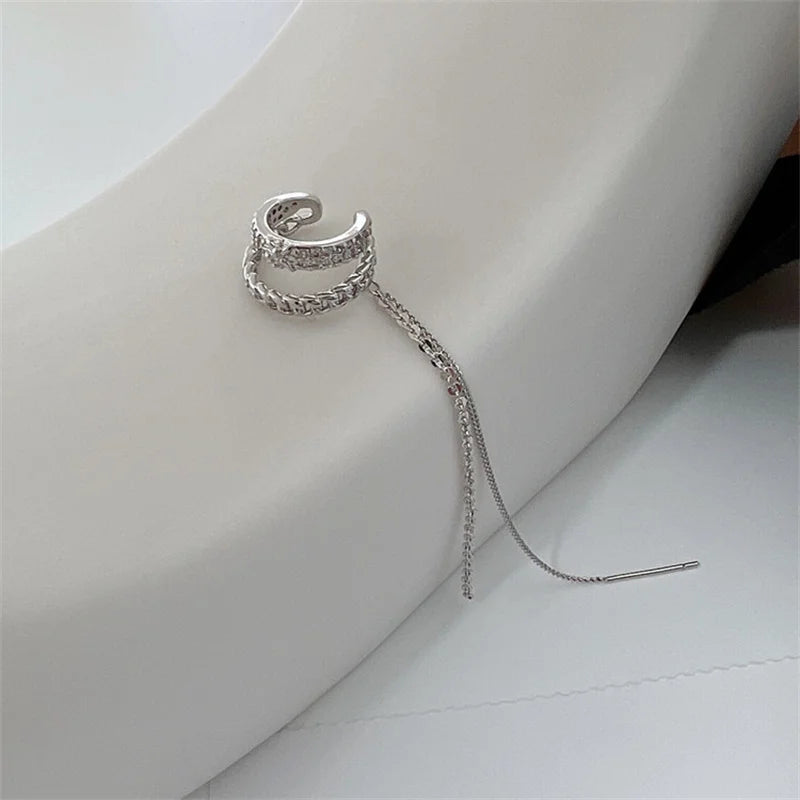 1Pcs Fashion Tassel Long Chain Non-Piercing Zircon Cuff Ear Clip Earring For Women Girls Party Jewelry e1095