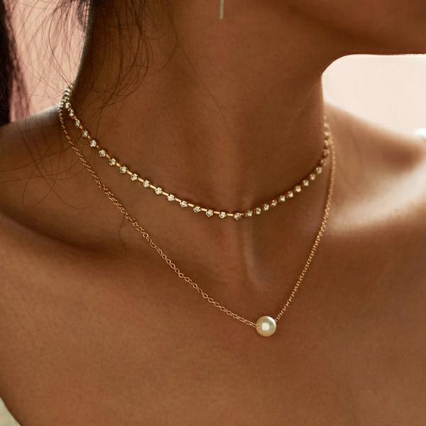 Faux Pearl Pendant Rhinestone Choker Necklace