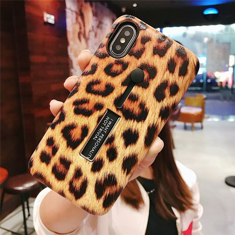 Leopard Print Hide Ring Stand Holder iPhone Cases